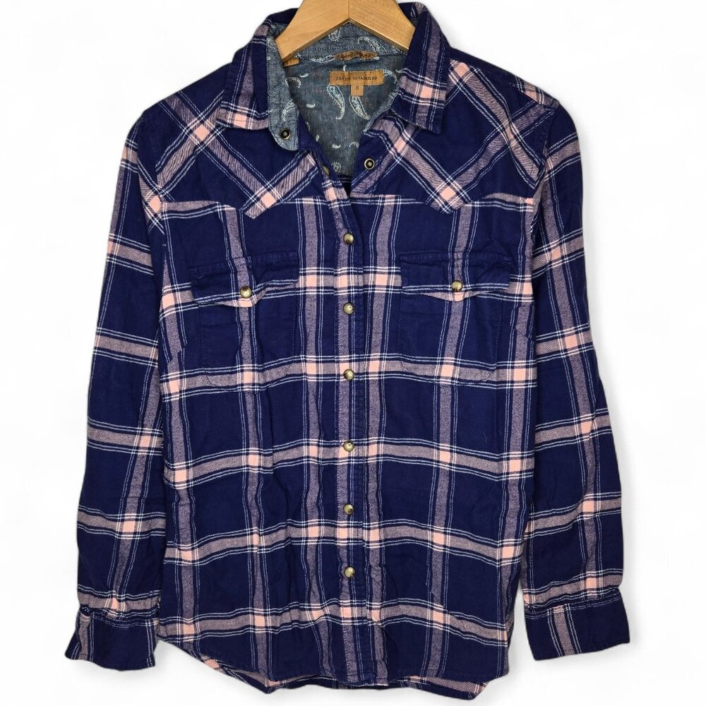 Jachs Girlfriend Blue Pink Plaid Snap Button Top Women's Roll Sleeve Western S